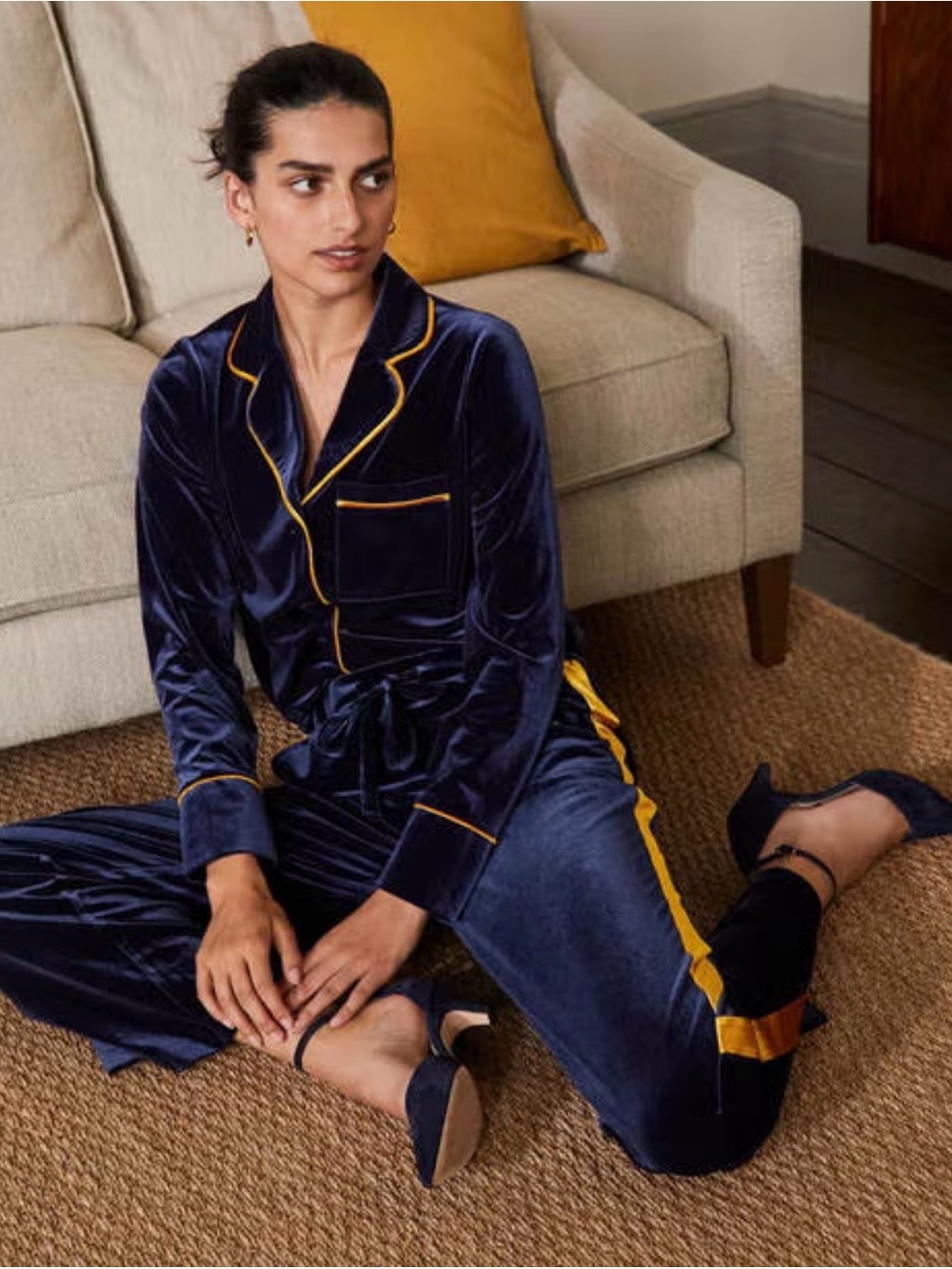 Boden Navy Velvet Pajama Set with Yellow Trim
